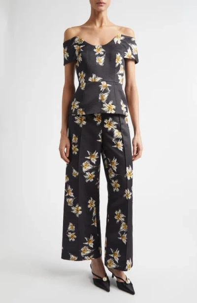 Emilia Wickstead Daffy Floral Faille Wide Leg Pants In Black
