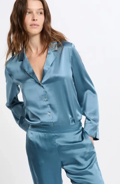 Etam Pearly Silk Chemise Button-up Pajama Shirt In Black