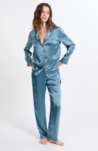 Etam Pearly Silk Chemise Button-up Pajama Shirt In Black