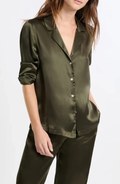 Etam Pearly Silk Chemise Button-up Pajama Shirt In Brown