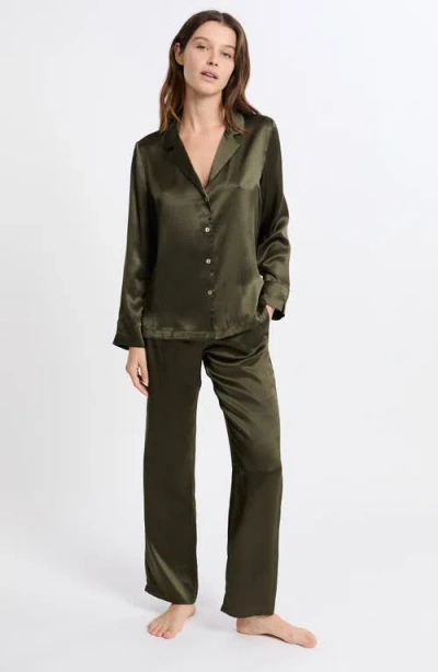 Etam Pearly Silk Chemise Button-up Pajama Shirt In Brown