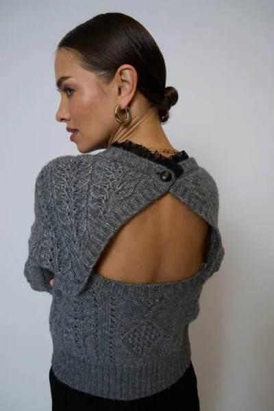 Central Park West Celeste Lace Trim Cable Pullover In Gray