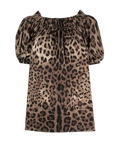 Dolce & Gabbana Short Sleeve Top In Poplin Leopard Print Clothing In Brown