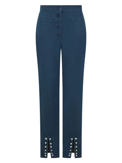K-win London Blue High-waisted Button-front Denim Jeans With Slit & Pearl Detailing In Blue