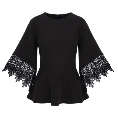 Concept A Trois Women's Black Top With Flared Sleeves And Lace Details In Black