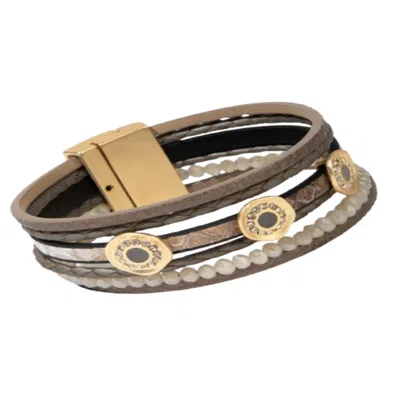 Saachi Women's Brown Leather Gold Medallion Multi Strand Sienna Bracelet In Brown