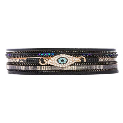 Saachi Women's Evil Eye Leather Metallic Black Bracelet In Black