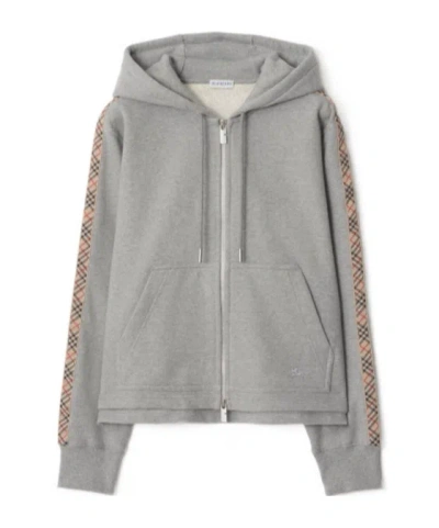 Burberry Check-band Zip-up Drawstring Hoodie In Gray