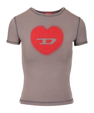 Diesel Slim T-shirt With Heart Print And Studs In Gray