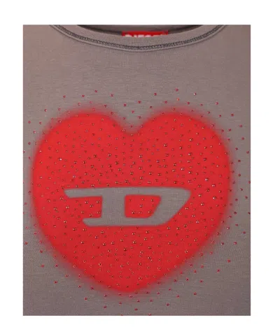 Diesel Slim T-shirt With Heart Print And Studs In Gray