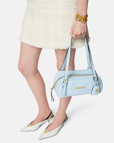 Versace Logo-lettering Zipped Shoulder Bag In Blue