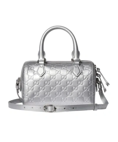Gucci Gg Emblem Small Boston Bag In Silver