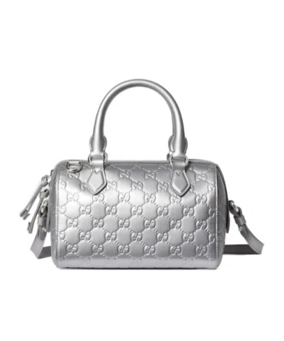 Gucci Gg Emblem Small Boston Bag In Silver