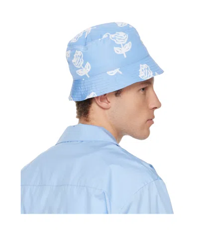 Marni Light Blue Taffeta Bucket Hat With Sprayed Roses Print In Multi