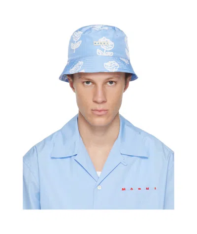 Marni Light Blue Taffeta Bucket Hat With Sprayed Roses Print In Multi