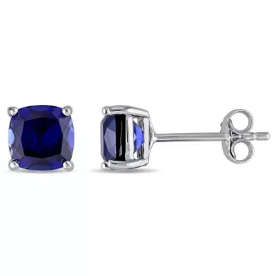 Fine Jewelry Lab Created Blue Sapphire Sterling Silver 6.1mm Cushion Stud Earrings In Transparent