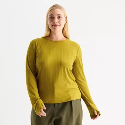 Worthington Womens Plus Crew Neck Long Sleeve Blouse In Yellow