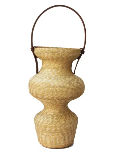 La Rose Raffia And Leather Vase In Brown