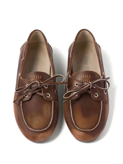 Miu Miu Unlined Bleached Leather Loafers In Brown