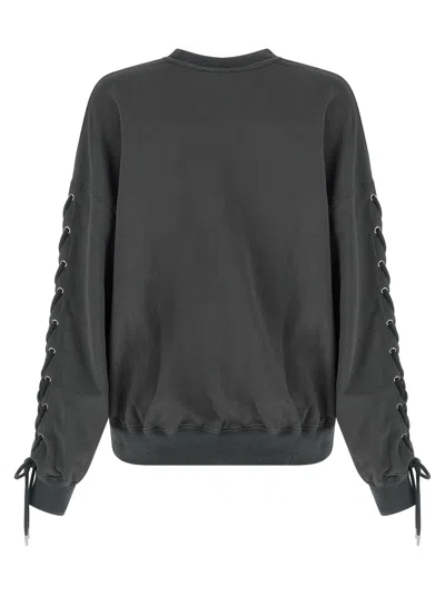 Rotate Birger Christensen Crewneck Sweatshirt Lace Up Sleeve Detail In Black