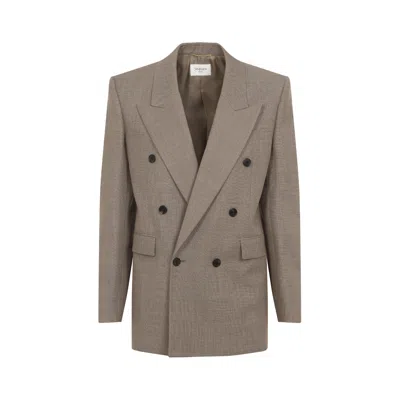 Saint Laurent Beige Double-breasted Jacket With Peak Revers In Wool Woman In Brown
