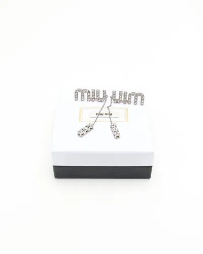 Miu Miu Logo Dangling Rhinestone Earrings In Silver