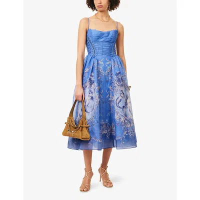 Zimmermann Womens Blue Mermaid Rebellion Beaded Picnic Linen And Silk Maxi Dress Xxs