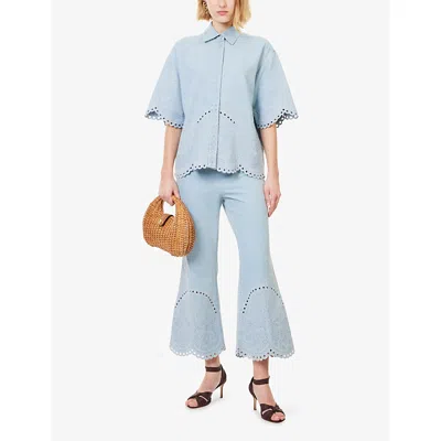 Zimmermann Womens Ice Storm Cropped Wide-led Embroidered Denim Jeans