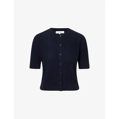 Frame Womens Navy Chain Pointelle Short-sleeves Cashmere Cardigan Xs In Black