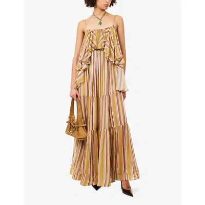 Zimmermann Womens Mustard Stripe Rebellion Bohemian Shoulder-straps Woven Midi Dress