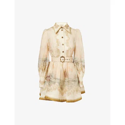 Zimmermann Womens Sunset Rebellion Marine Puffed-sleeves Linen And Silk Mini Dress Xs In Orange