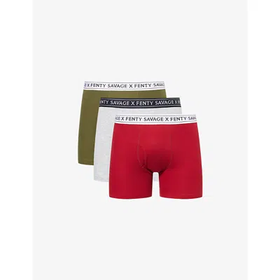 Savage X Fenty X Fenty Mens Red/green/grey Heather Classics Pack Of Three Stretch-cotton Boxer Briefs In Multi
