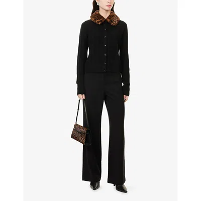 Reformation Womens Black Leopard Faux Fur Hannah Faux Fur-collar Merino-wool Cardigan