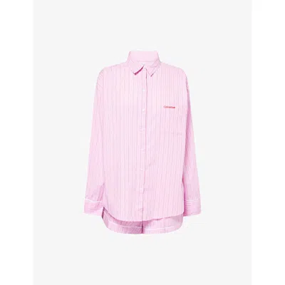 Calvin Klein Womens 19471stripe+pink Ess V-day Striped Cotton-poplin Pyjama Set Xs