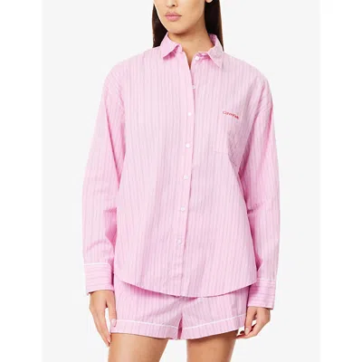 Calvin Klein Womens 19471stripe+pink Ess V-day Striped Cotton-poplin Pyjama Set Xs
