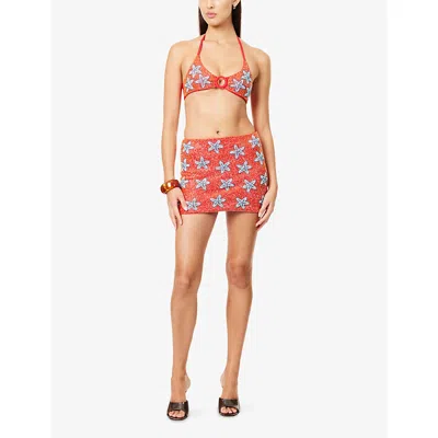 Oceanus Womens Red Multi Mia's Marina Beaded Mini Skirt In Multi