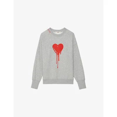 Zadig & Voltaire Womens Gris Chine Clai Oscar Heart-print Long-sleeve Cotton-jersey Sweatshirt In Gray