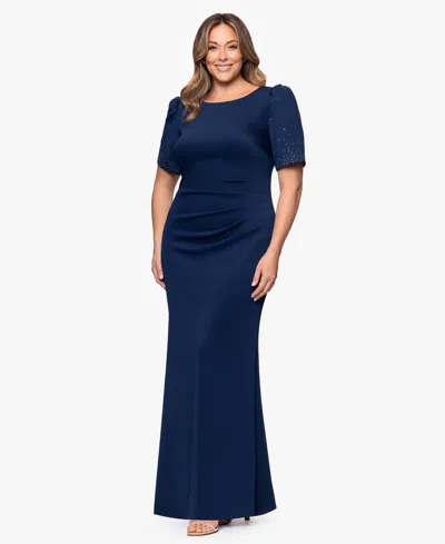 Xscape Plus Size Pleated-waist Studded-sleeve Gown In Blue