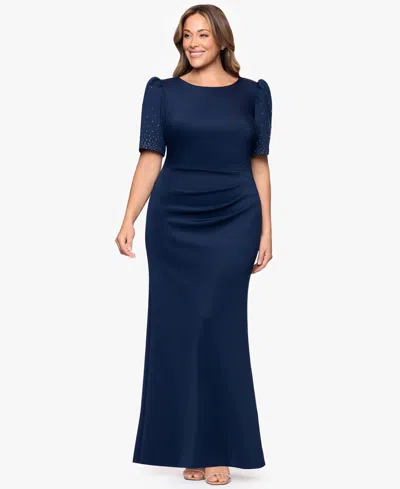 Xscape Plus Size Pleated-waist Studded-sleeve Gown In Blue