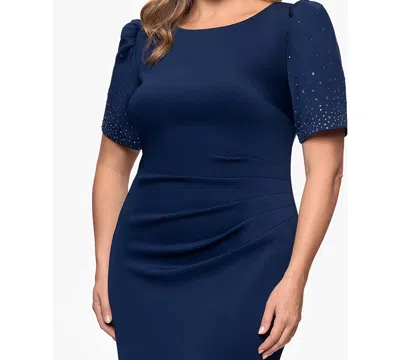 Xscape Plus Size Pleated-waist Studded-sleeve Gown In Blue