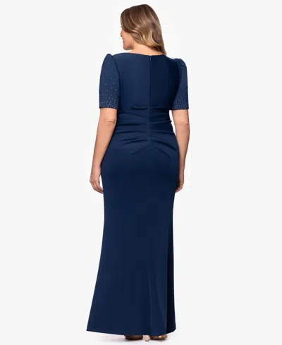 Xscape Plus Size Pleated-waist Studded-sleeve Gown In Blue