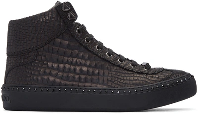 Jimmy Choo Argyle Black Croc Printed Nubuck With Steel Crystals High Top Trainers