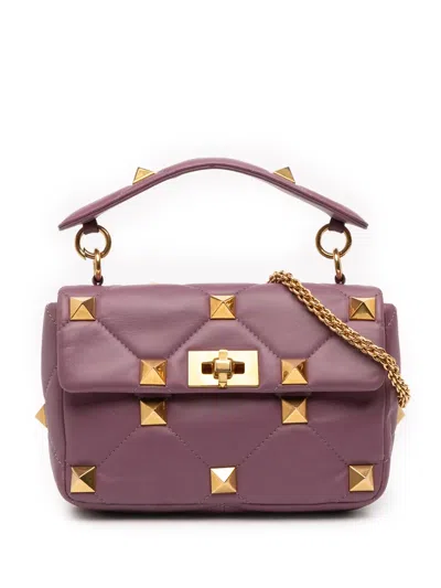 Pre-owned Valentino Garavani 2018-2025 Medium Nappa Roman Stud Satchel In Purple