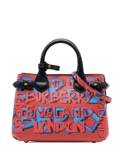 Pre-owned Burberry 2000-2017 Small Graffiti Print Grainy Calfskin Banner Satchel In Blue