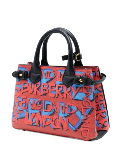 Pre-owned Burberry 2000-2017 Small Graffiti Print Grainy Calfskin Banner Satchel In Blue
