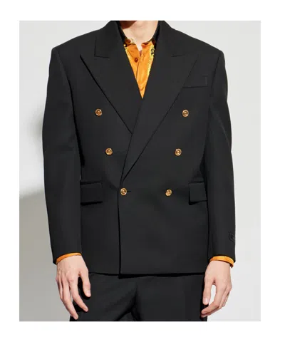 Versace Double-breasted Tailored Blazer In Black