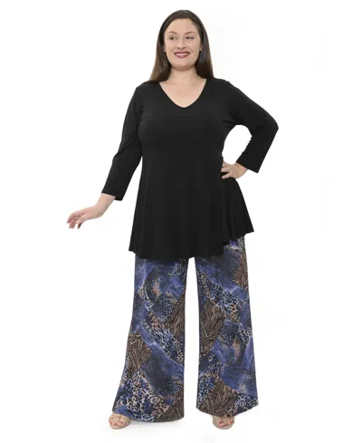 24seven Comfort Apparel Plus Size Animal Print V Neck Long Sleeve Swing Tunic Top And Pant Set In Black