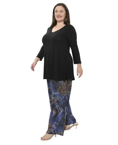 24seven Comfort Apparel Plus Size Animal Print V Neck Long Sleeve Swing Tunic Top And Pant Set In Black