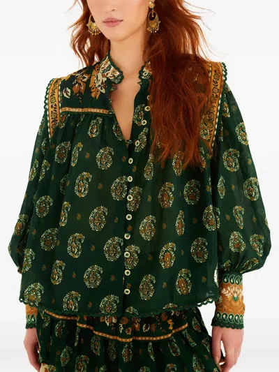 Farm Rio Tayla Buttondown Long-sleeve Blouse In Green