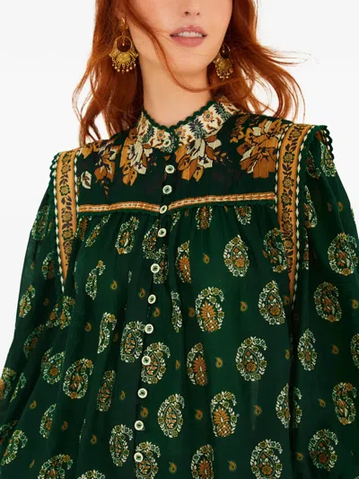 Farm Rio Tayla Buttondown Long-sleeve Blouse In Green